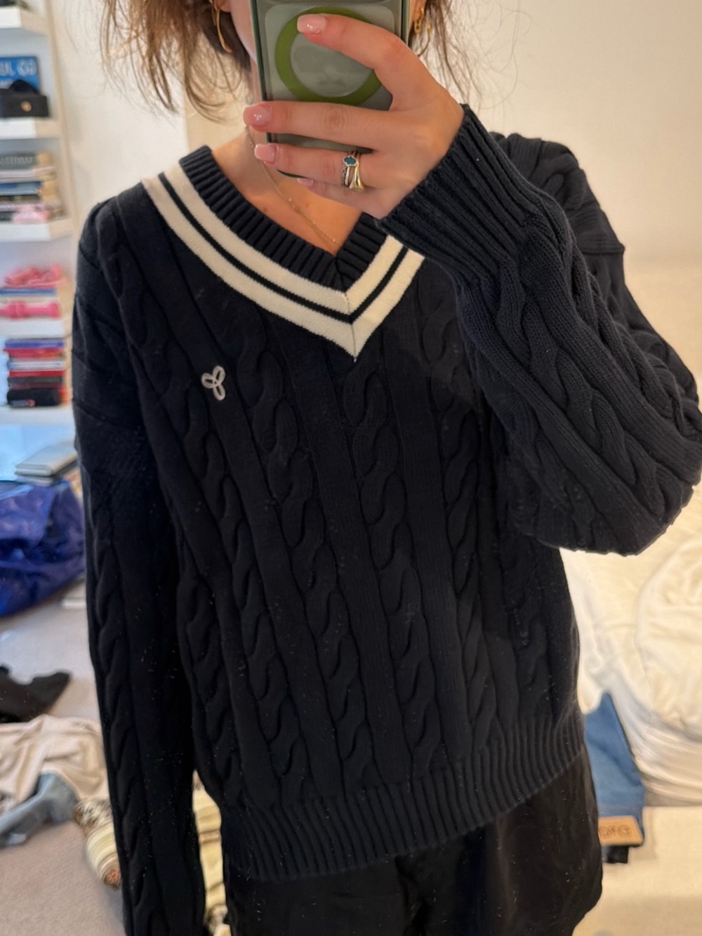 Aritzia Navy Cable-Knit V-Neck Sweater with White Trim
